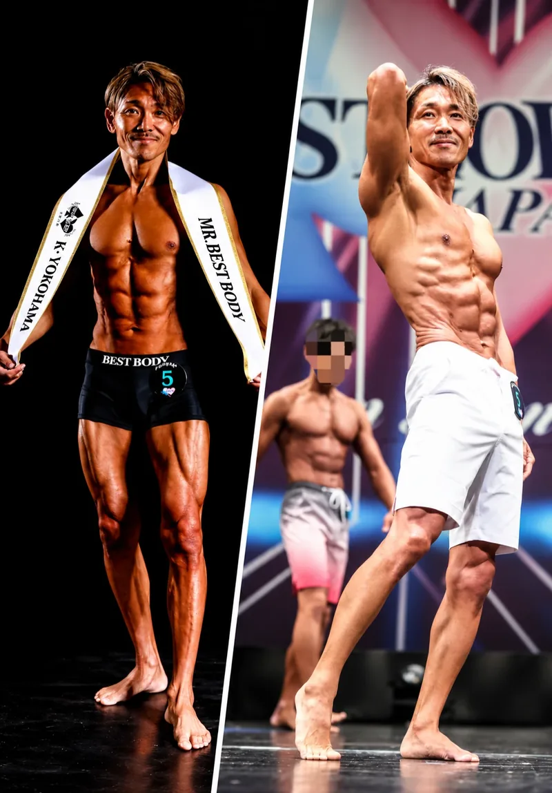 ベストボディジャパン横浜大会でMR.BEST BODYのサッシュを着けた代表と、大会ステージでポーズをとる様子